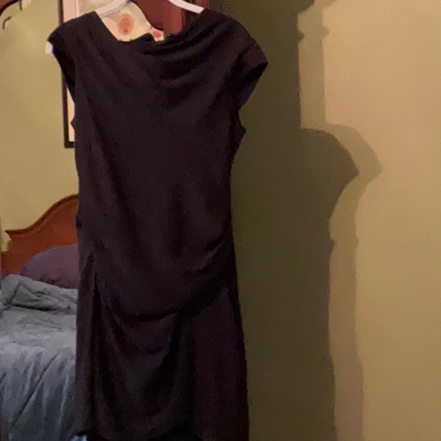 Helmet Lang Cap Sleeve Tiered Black Dress.